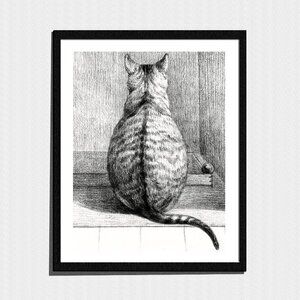 Art Print, Black & White Minimalist Cat Pencil Sketch
